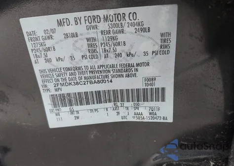 2007 Ford Edge Sel z USA, uszkodzony, nr VIN 2FMDK38C27BA80014
